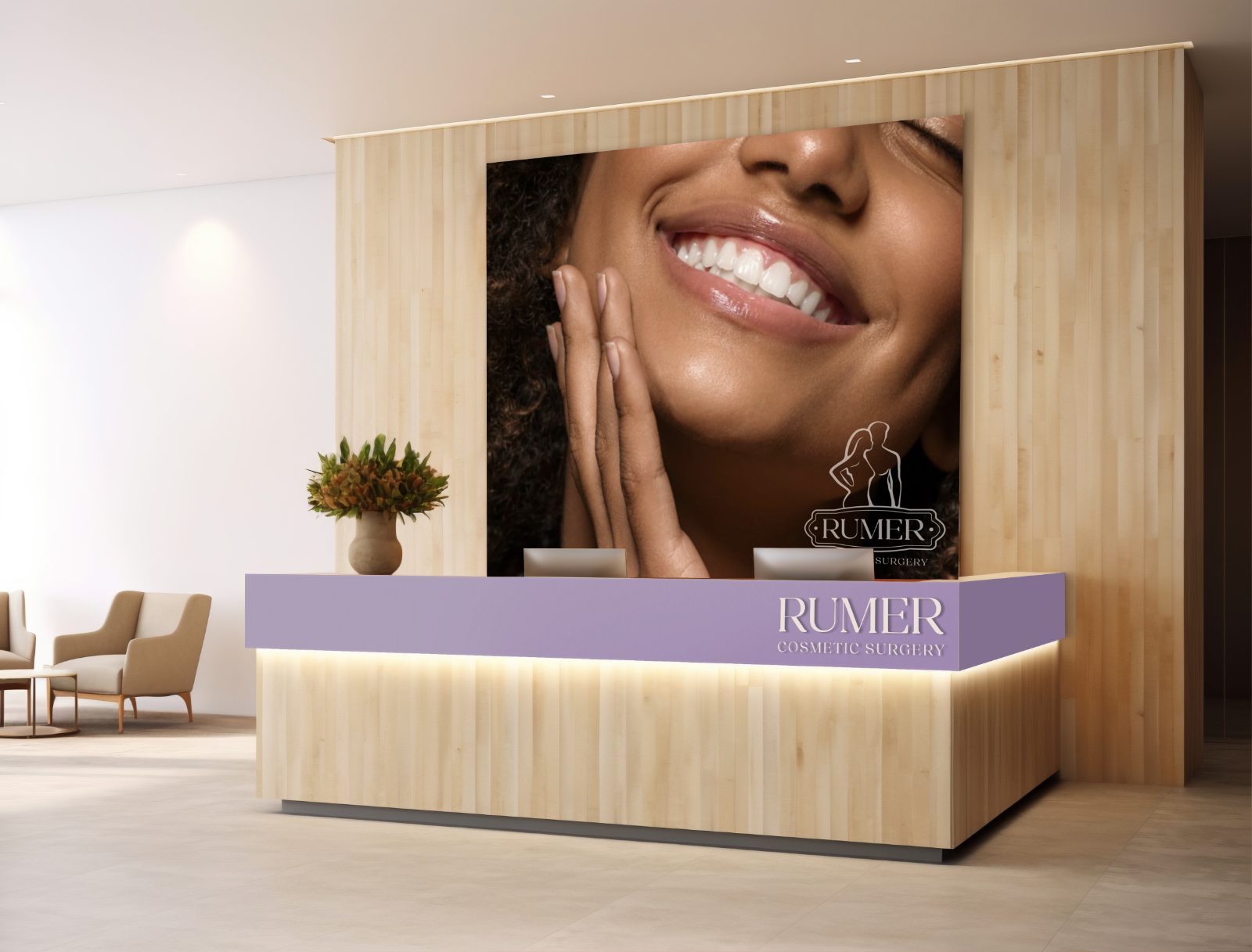 Rumer Cosmetic Surgery reception signage and packaging